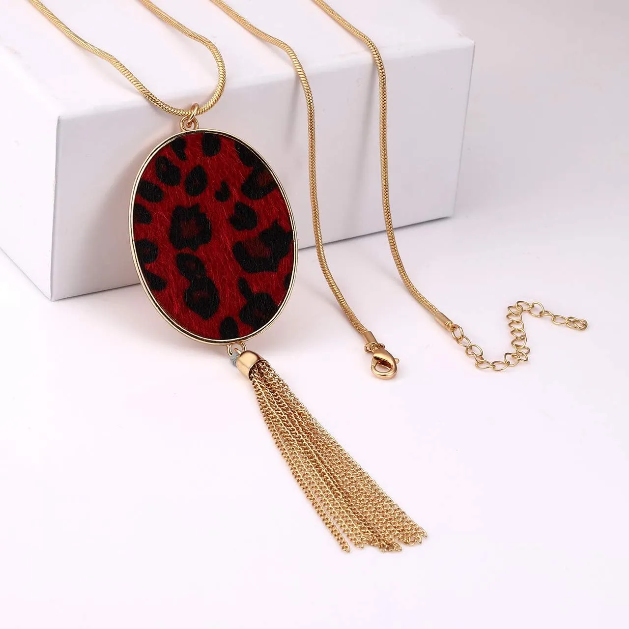 Long Necklaces for Women Statement Leopard Snakeskin Fur Pattern Necklace Oval Leather Pendant Necklaces Jewelry