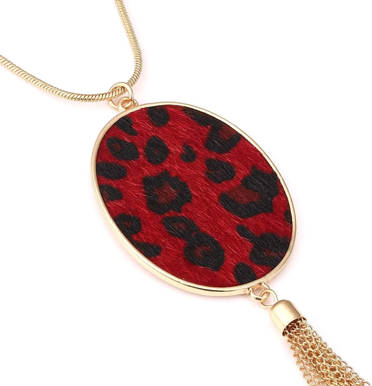 Long Necklaces for Women Statement Leopard Snakeskin Fur Pattern Necklace Oval Leather Pendant Necklaces Jewelry