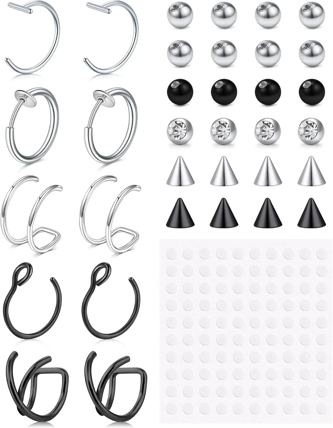 Longita Fake Nose Ring Fake Lip Piercing Non Piercing Lip Ring Hoop Stick on Snake Bites Faux Eyebrow Piercings Clip on Earring Cuffs Small Earring Hoop no Pierced