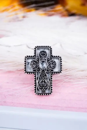 Loretta White Cross Silvertone Ring