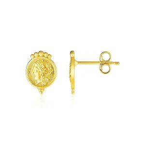 LOVCIA Luxury Classic 14k Yellow Gold Etched Cameo Post Earrings