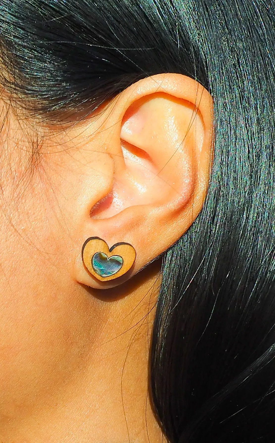 Love Heart Paua Shell Wooden Rimu Stud Earrings