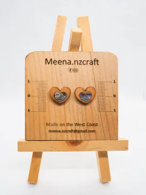Love Heart Paua Shell Wooden Rimu Stud Earrings