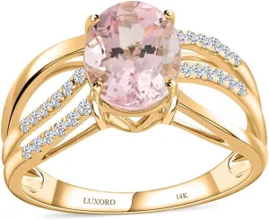 LUXORO AAA Pink Morganite White Diamond Oval 14K Yellow Gold Ring for Women Jewelry Size 8 Ct 1.6 G-H Color I3 Clarity Birthday Gifts