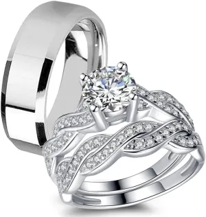 MABELLA His Hers 3 pcs Men's Stainless Steel Band & Women Infinity 925 Sterling Silver Wedding Engagement Ring Set