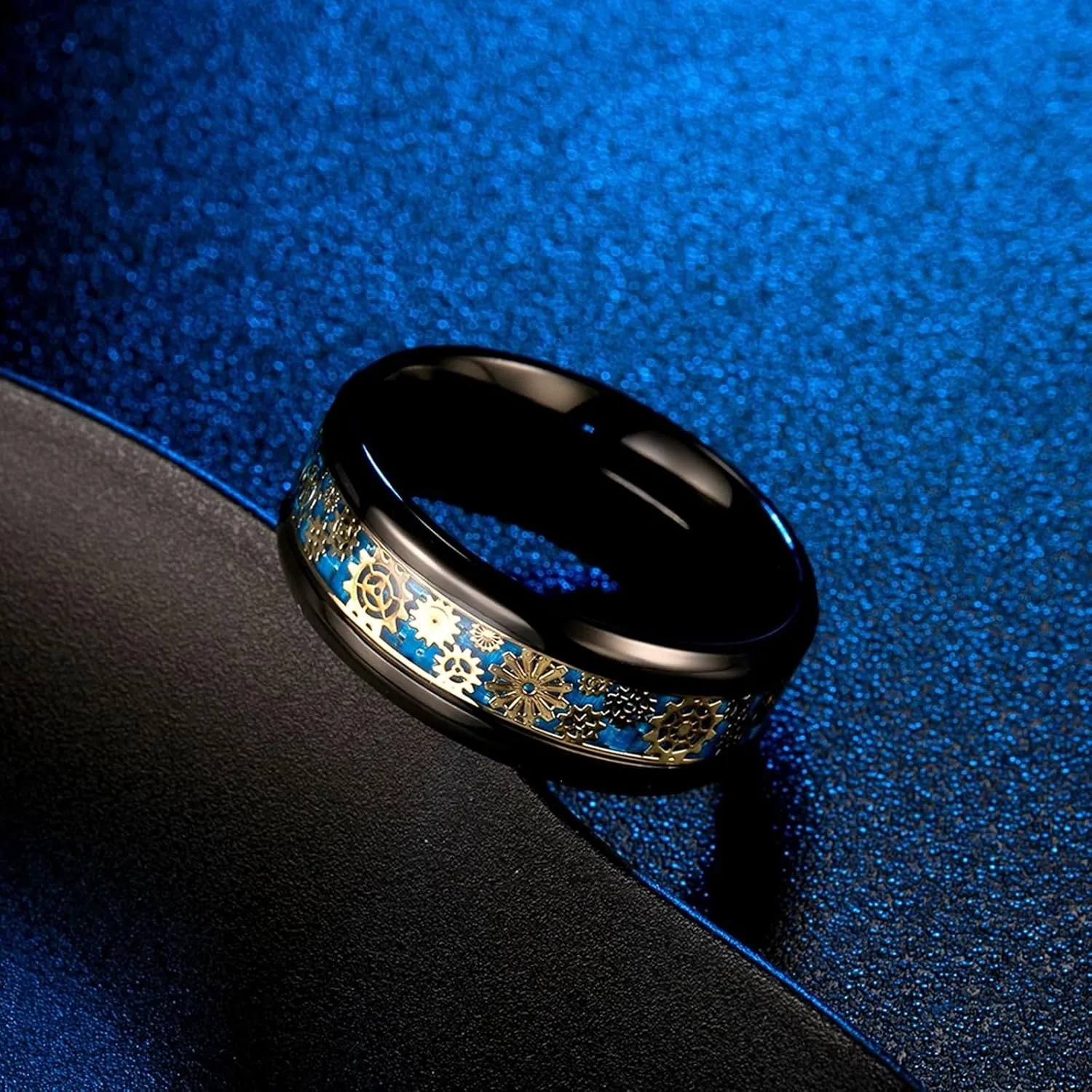 Matching Couple Rings Silver Black Ring Gear Carbon Fiber, Stainless Steel Couple Rings