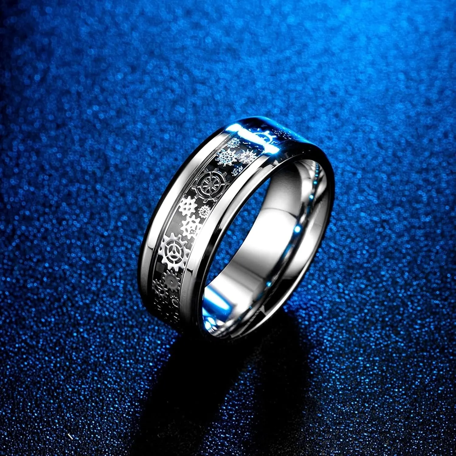 Matching Couple Rings Silver Black Ring Gear Carbon Fiber, Stainless Steel Couple Rings