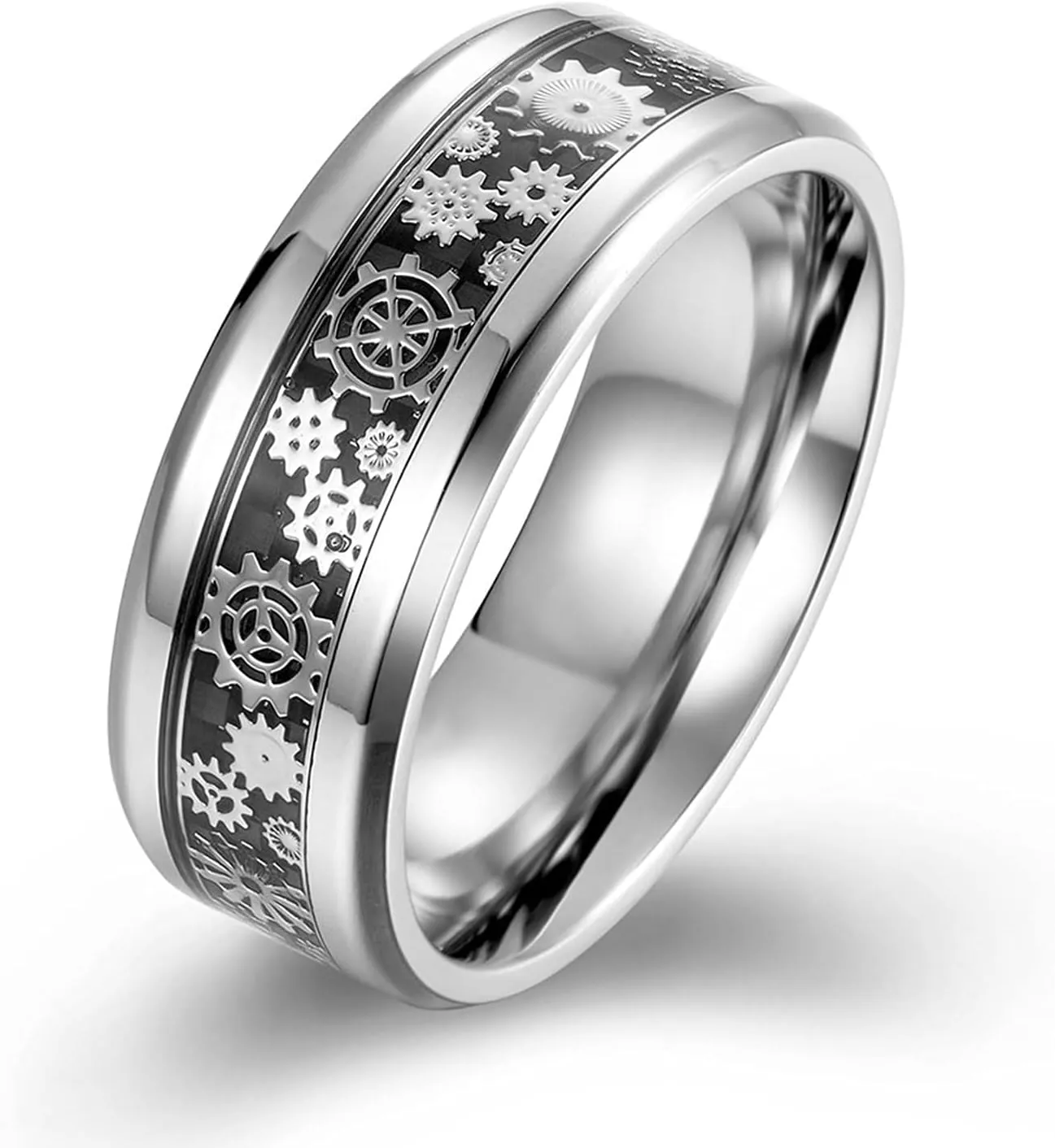 Matching Couple Rings Silver Black Ring Gear Carbon Fiber, Stainless Steel Couple Rings