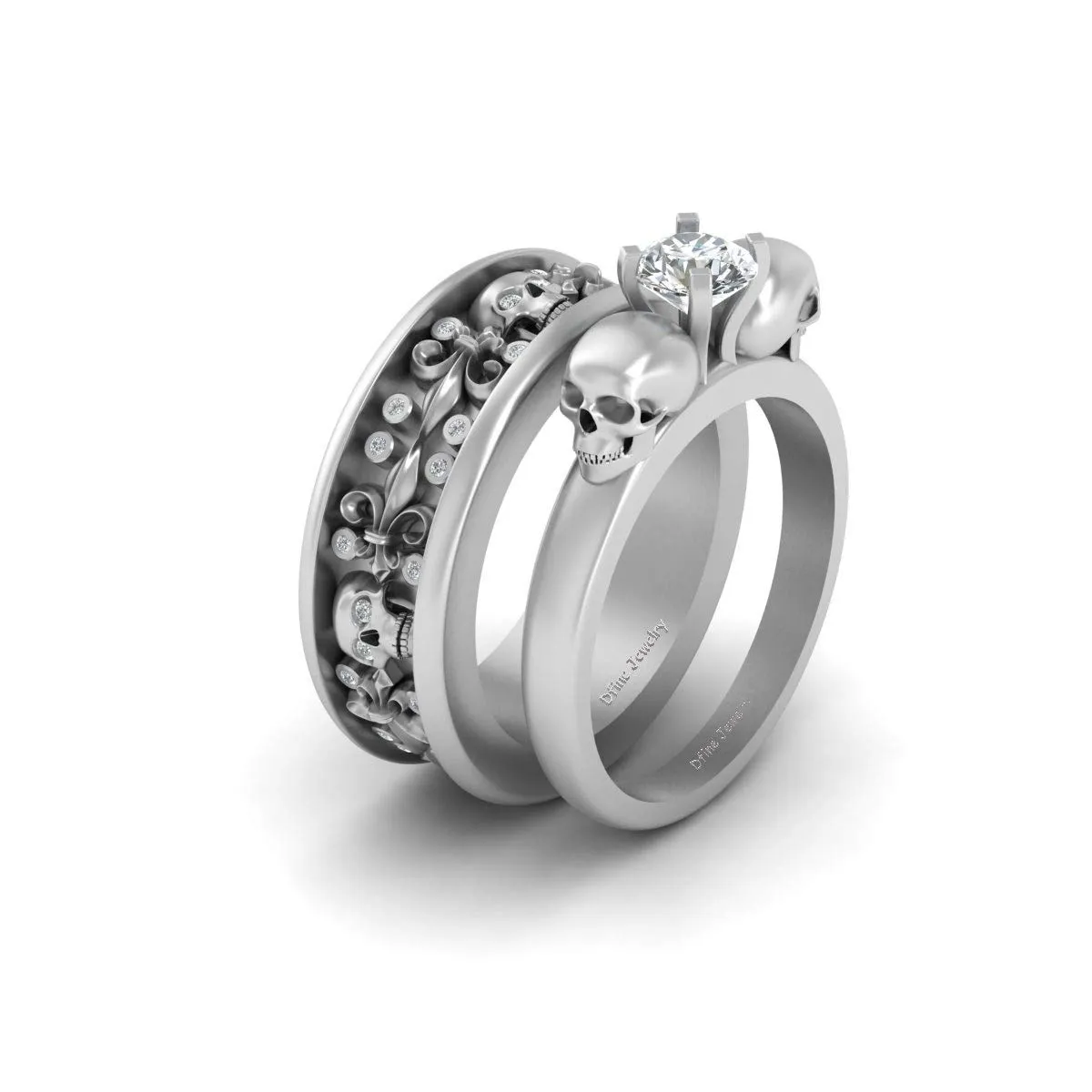 Matching Skull Couple Rings Solid 925 Sterling Silver Diamond Fleur De Lis Gothic Skull Wedding Ring Set His and Hers