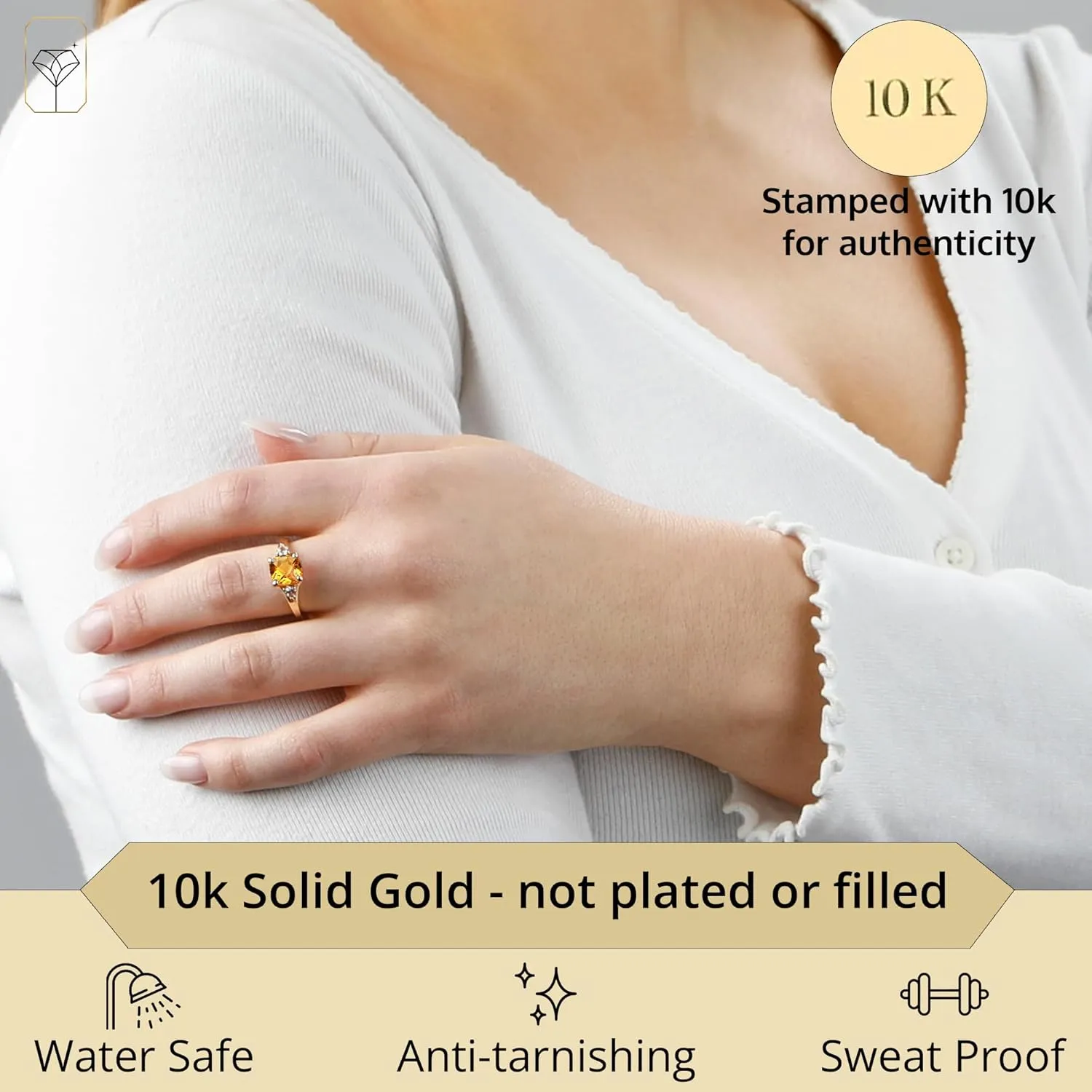 MAX   STONE 10k Gold Gemstone Rings for Women | Cushion Cut Three Stone Ring | Anti Tarnishing Birthstone Rings | Cocktail Ring with Gift Box in Size 5 to 9