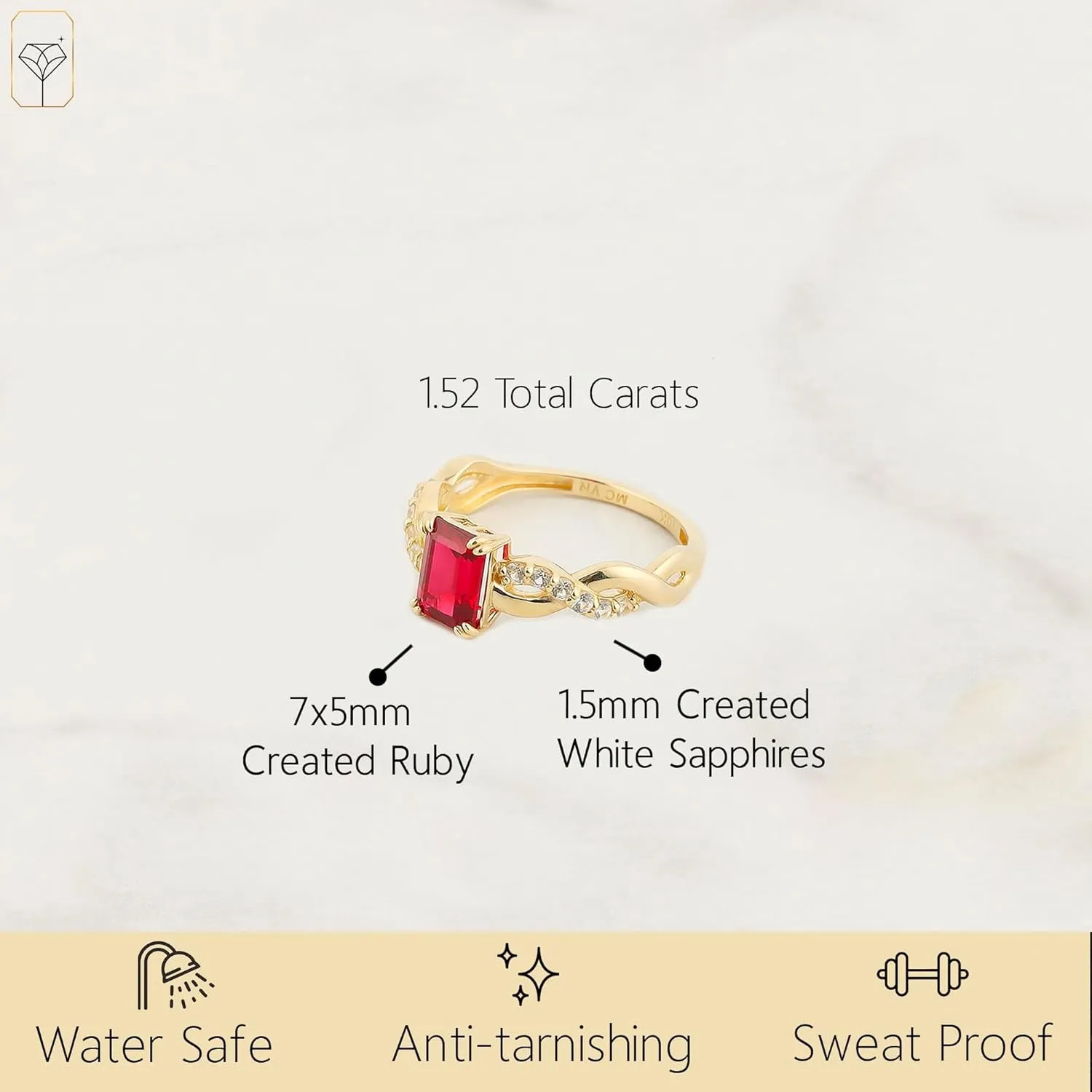MAX   STONE Solid 10K Gold Gemstone Rings for Women | Emerald Cut Birthstone Rings with Twisted Band in Size 6 to 8 | Anti Tarnishing Statement Cocktail Ring with Gift Box