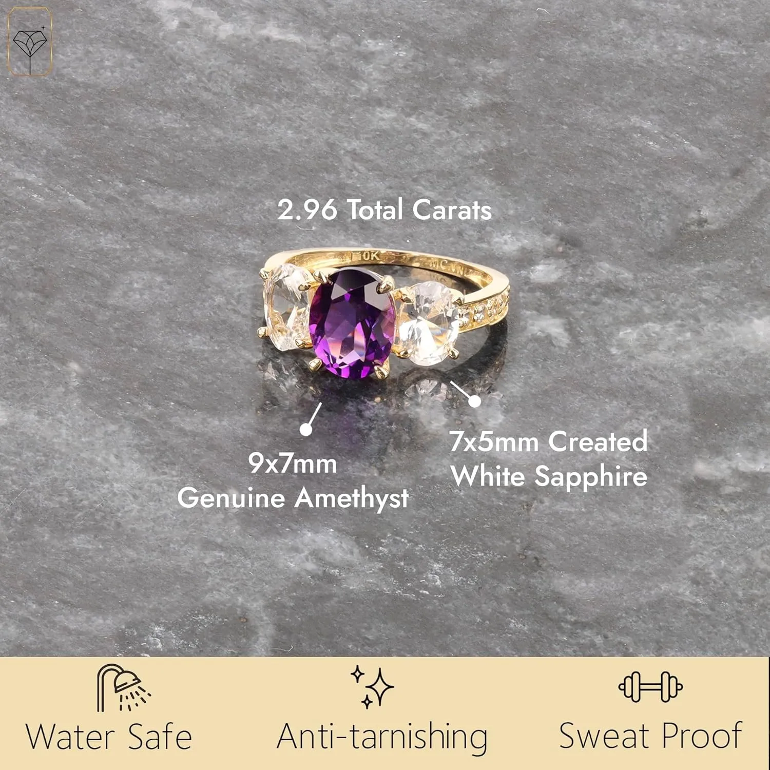 MAX   STONE Solid 10K Gold Gemstone Rings for Women | Three Stone Birthstone Rings | Anti Tarnishing Real 10kt Gold Statement Cocktail Ring in Sizes 6 to 8 with Gift Box