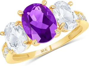 MAX   STONE Solid 10K Gold Gemstone Rings for Women | Three Stone Birthstone Rings | Anti Tarnishing Real 10kt Gold Statement Cocktail Ring in Sizes 6 to 8 with Gift Box