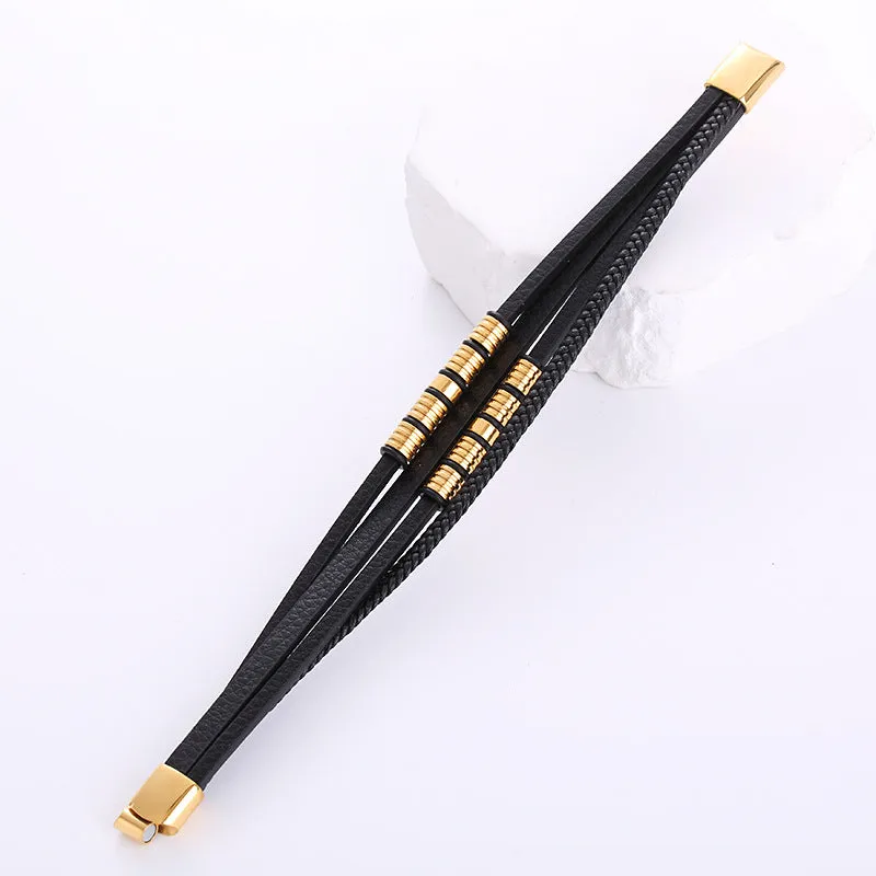 Men Minimalist Metal Patchwork Leather Electroplating String Bracelets