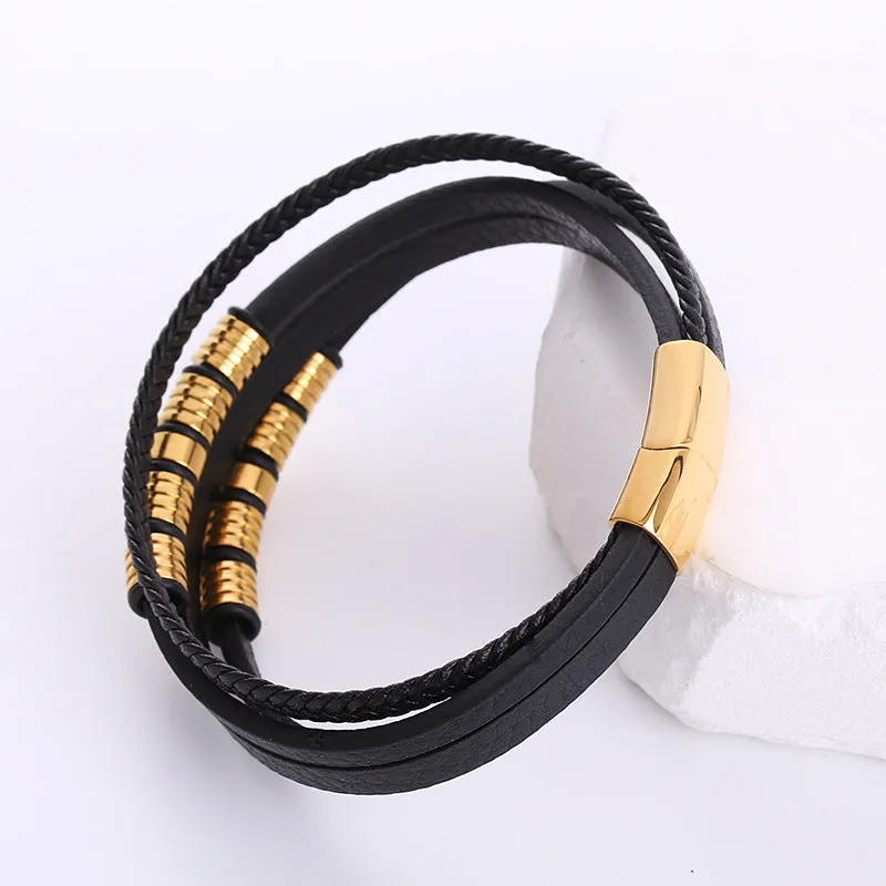 Men Minimalist Metal Patchwork Leather Electroplating String Bracelets
