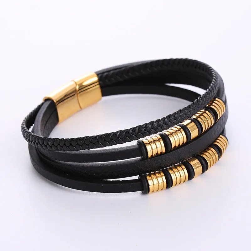 Men Minimalist Metal Patchwork Leather Electroplating String Bracelets