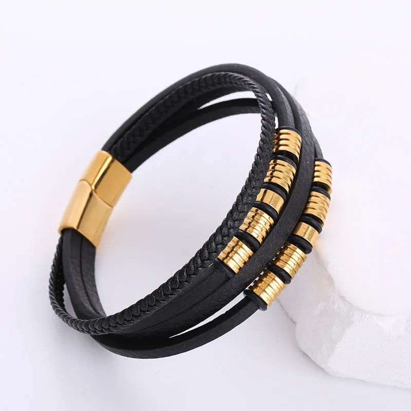 Men Minimalist Metal Patchwork Leather Electroplating String Bracelets