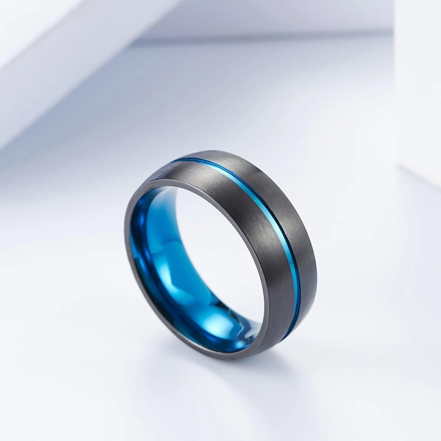 Men Wedding Rings, Mens Rings Stainless Steel Set 2PCS Titanium Black and Blue Ring 8mm Size Women 7 Men 7 for Couple New Year Jewelry