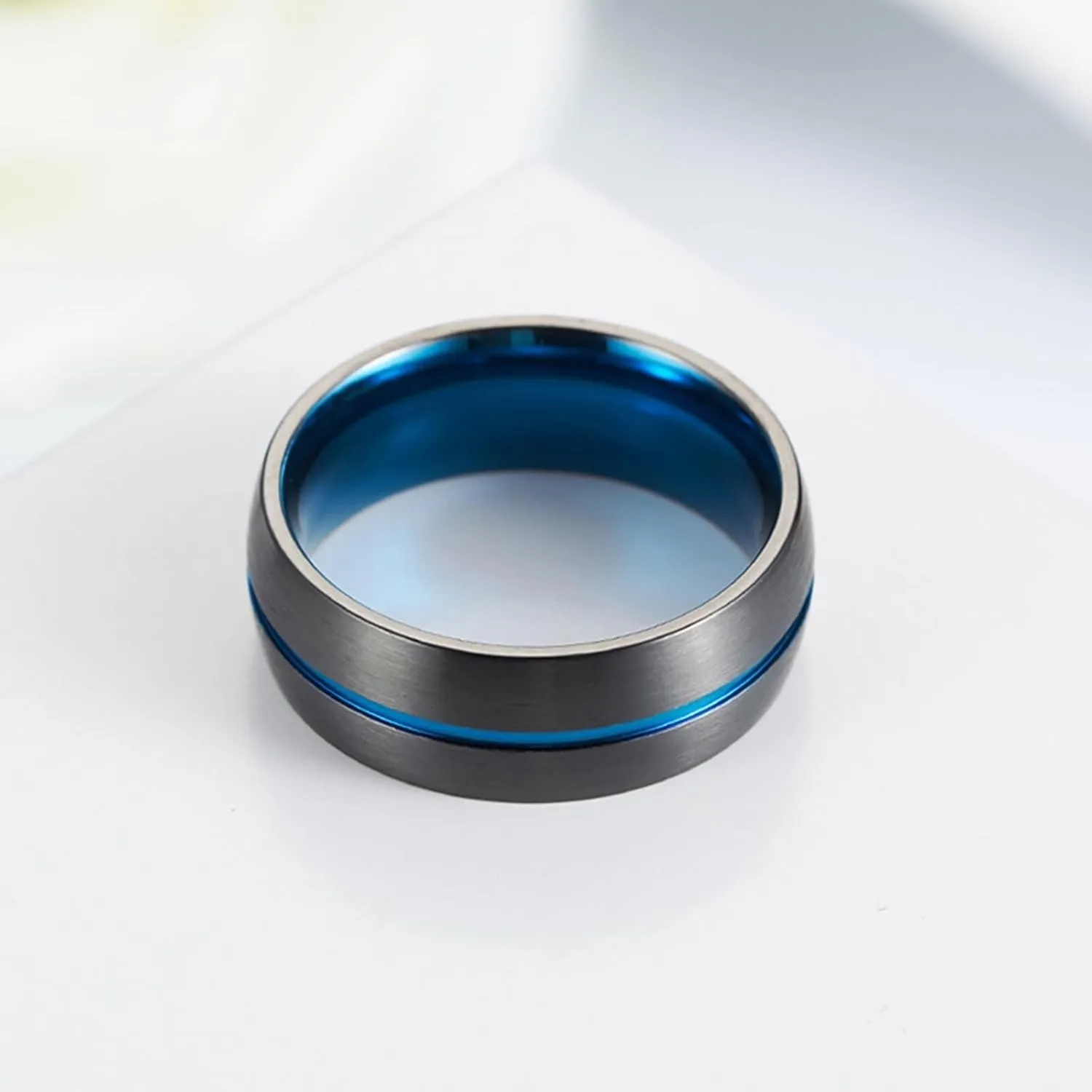 Men Wedding Rings, Mens Rings Stainless Steel Set 2PCS Titanium Black and Blue Ring 8mm Size Women 7 Men 7 for Couple New Year Jewelry