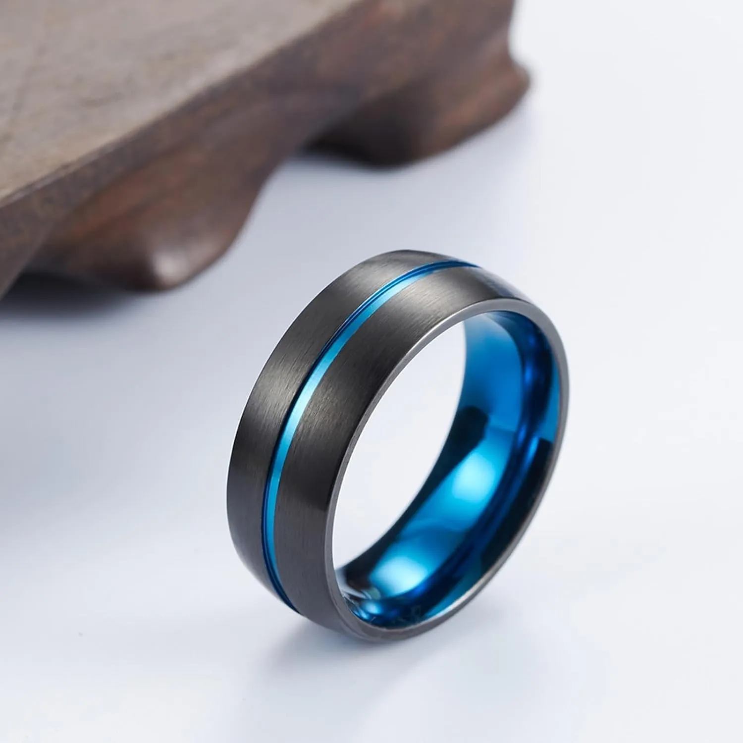 Men Wedding Rings, Mens Rings Stainless Steel Set 2PCS Titanium Black and Blue Ring 8mm Size Women 7 Men 7 for Couple New Year Jewelry