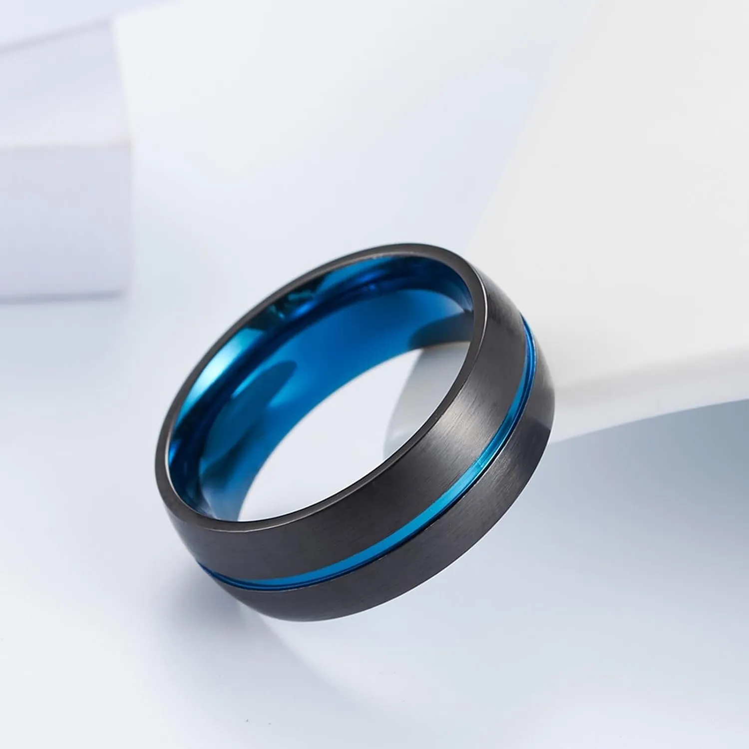 Men Wedding Rings, Mens Rings Stainless Steel Set 2PCS Titanium Black and Blue Ring 8mm Size Women 7 Men 7 for Couple New Year Jewelry