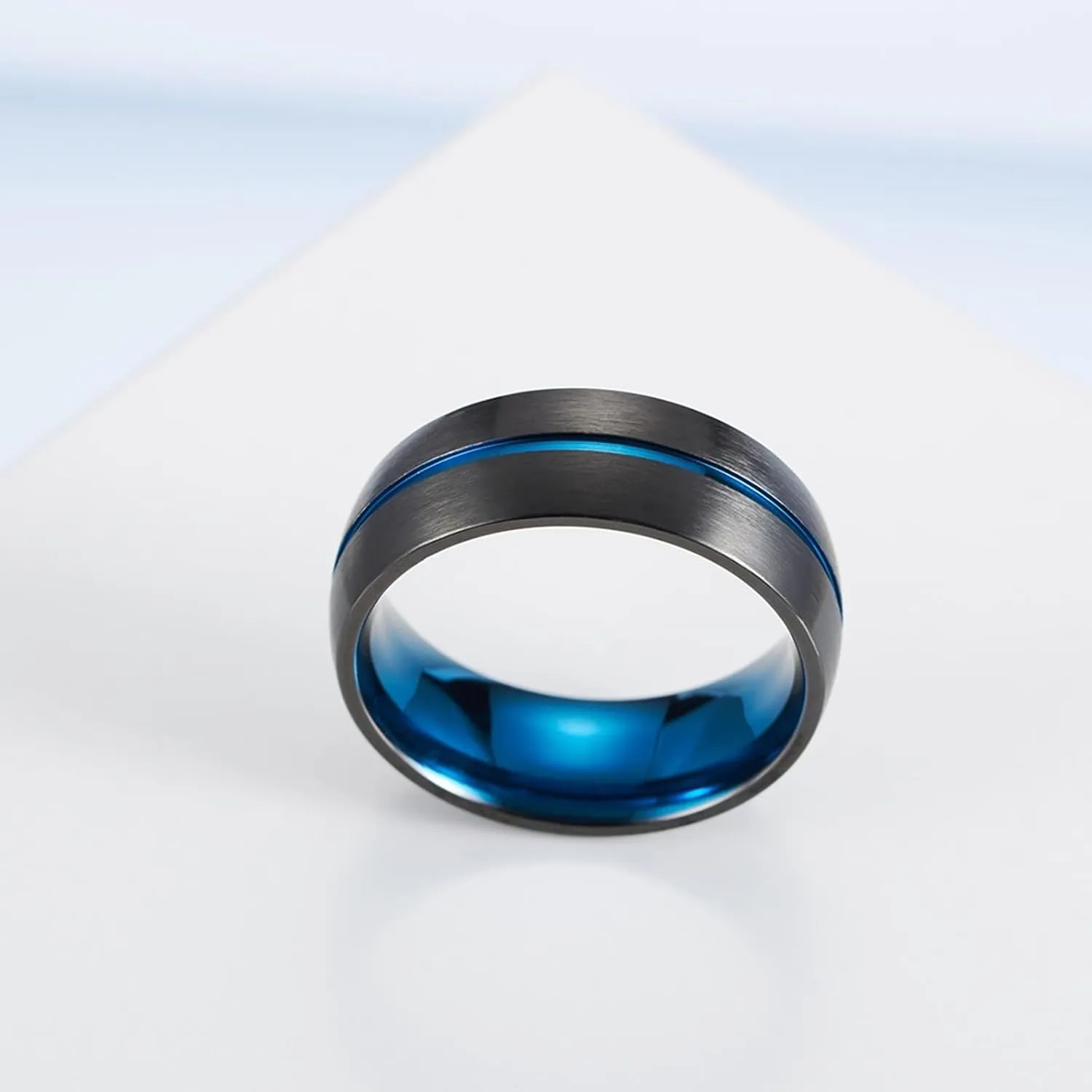 Men Wedding Rings, Mens Rings Stainless Steel Set 2PCS Titanium Black and Blue Ring 8mm Size Women 7 Men 7 for Couple New Year Jewelry