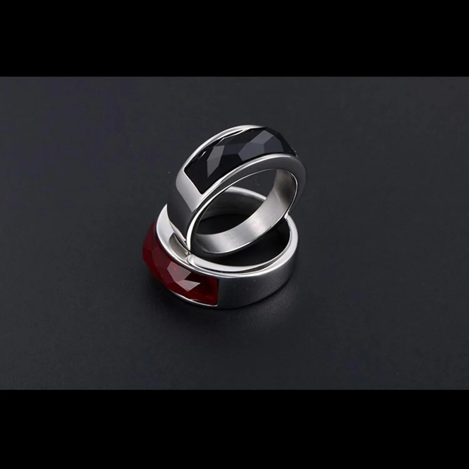Mens Couple Rings, Titanium Wedding Band 2PCS Stainless Steel Silver Ring with Black and Red Zirconia Size Women 5 Men 7 for Fathers Day Jewelry