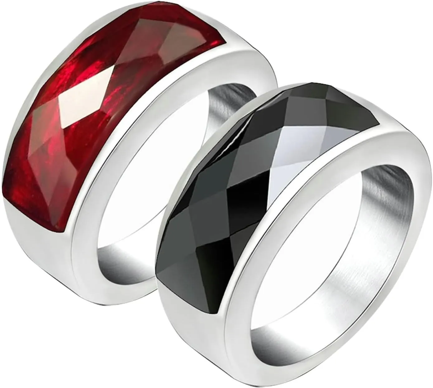 Mens Couple Rings, Titanium Wedding Band 2PCS Stainless Steel Silver Ring with Black and Red Zirconia Size Women 5 Men 7 for Fathers Day Jewelry