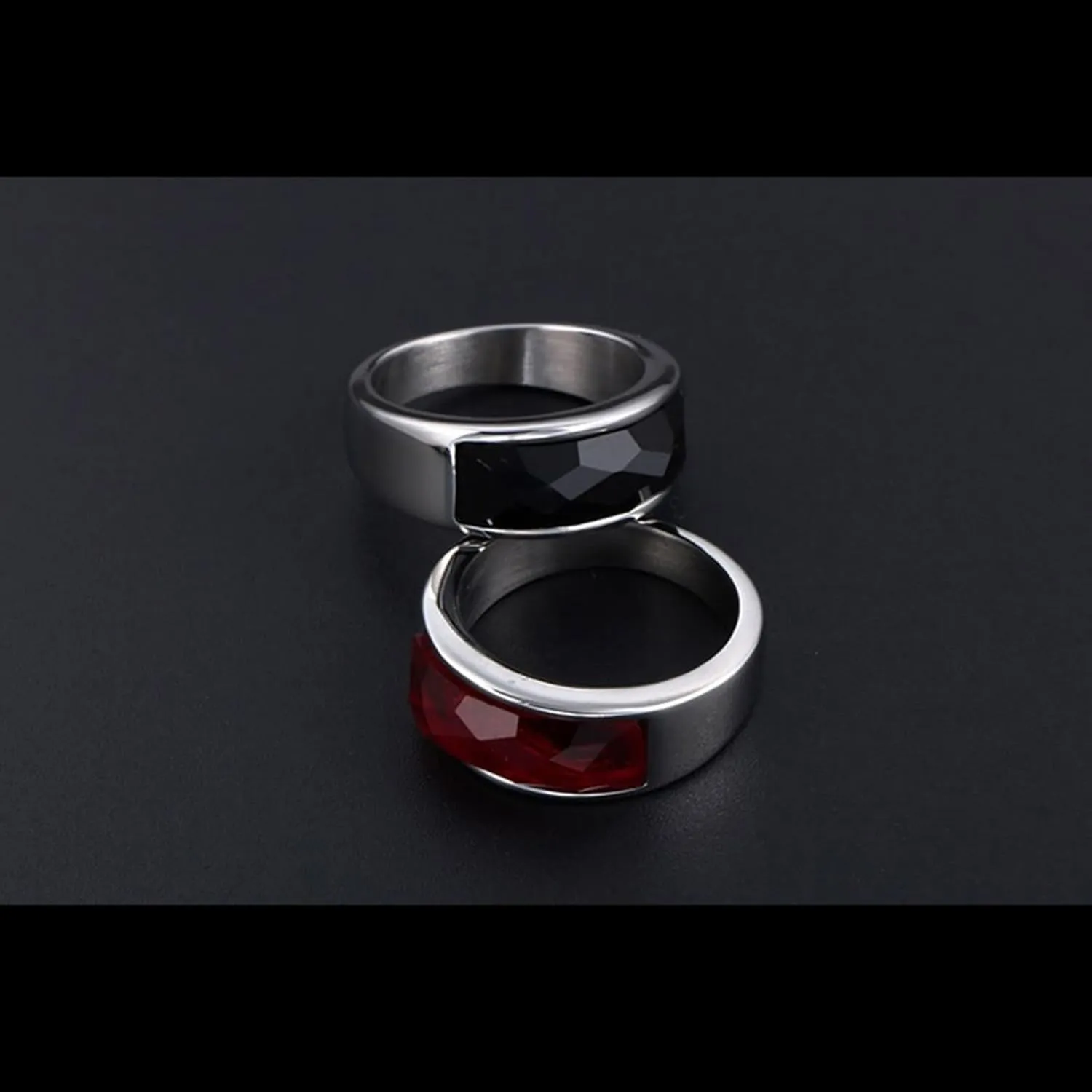 Mens Couple Rings, Titanium Wedding Band 2PCS Stainless Steel Silver Ring with Black and Red Zirconia Size Women 5 Men 7 for Fathers Day Jewelry