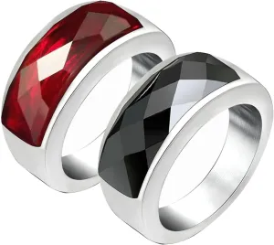 Mens Couple Rings, Titanium Wedding Band 2PCS Stainless Steel Silver Ring with Black and Red Zirconia Size Women 5 Men 7 for Fathers Day Jewelry