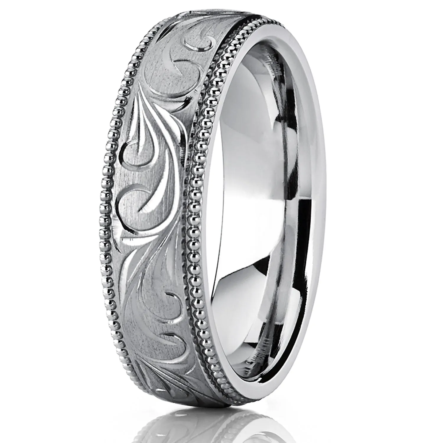 Men's Hand Engraved Vintage Titanium Wedding Band, Milgrain Ring, Comfort Fit 6mm