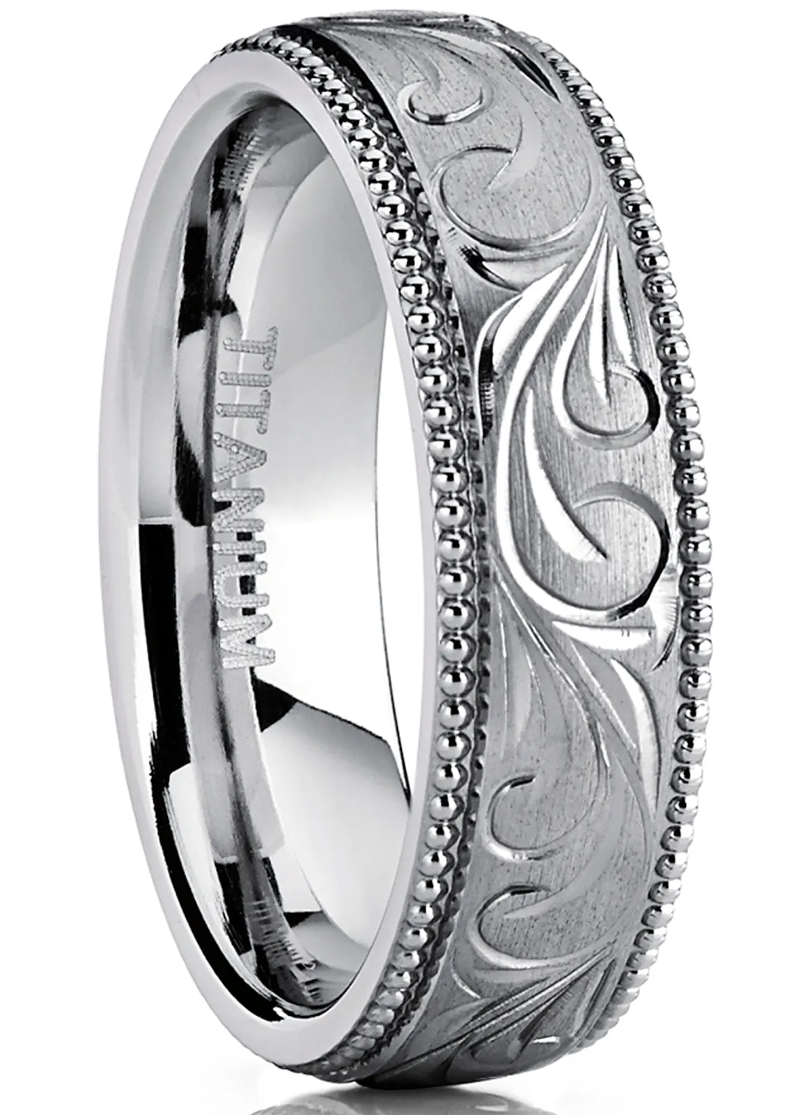 Men's Hand Engraved Vintage Titanium Wedding Band, Milgrain Ring, Comfort Fit 6mm