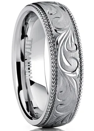 Men's Hand Engraved Vintage Titanium Wedding Band, Milgrain Ring, Comfort Fit 6mm