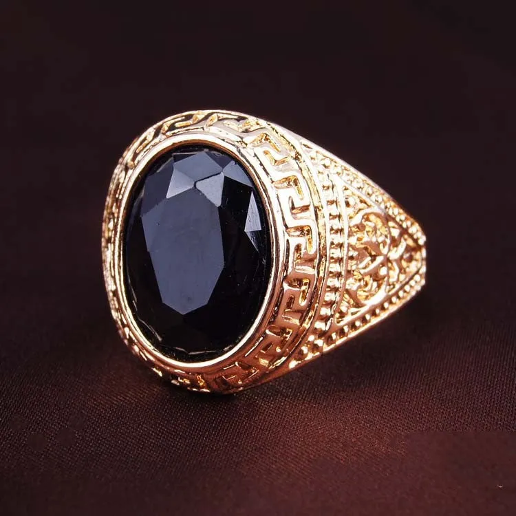 Men's Rings Black Precious Stones Real 18K Gold Ring For Men Retro Texture Engraving Modelling Is Simple And Generous