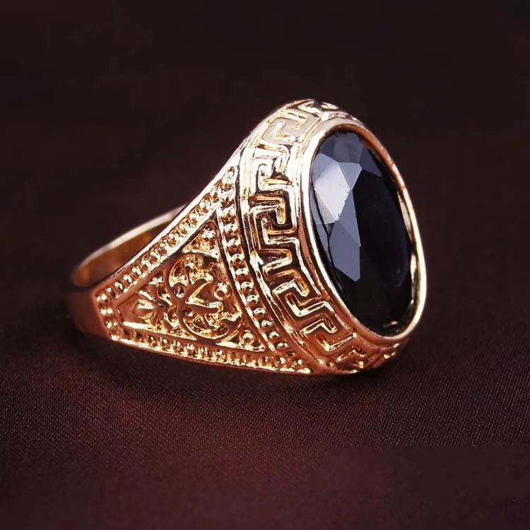 Men's Rings Black Precious Stones Real 18K Gold Ring For Men Retro Texture Engraving Modelling Is Simple And Generous