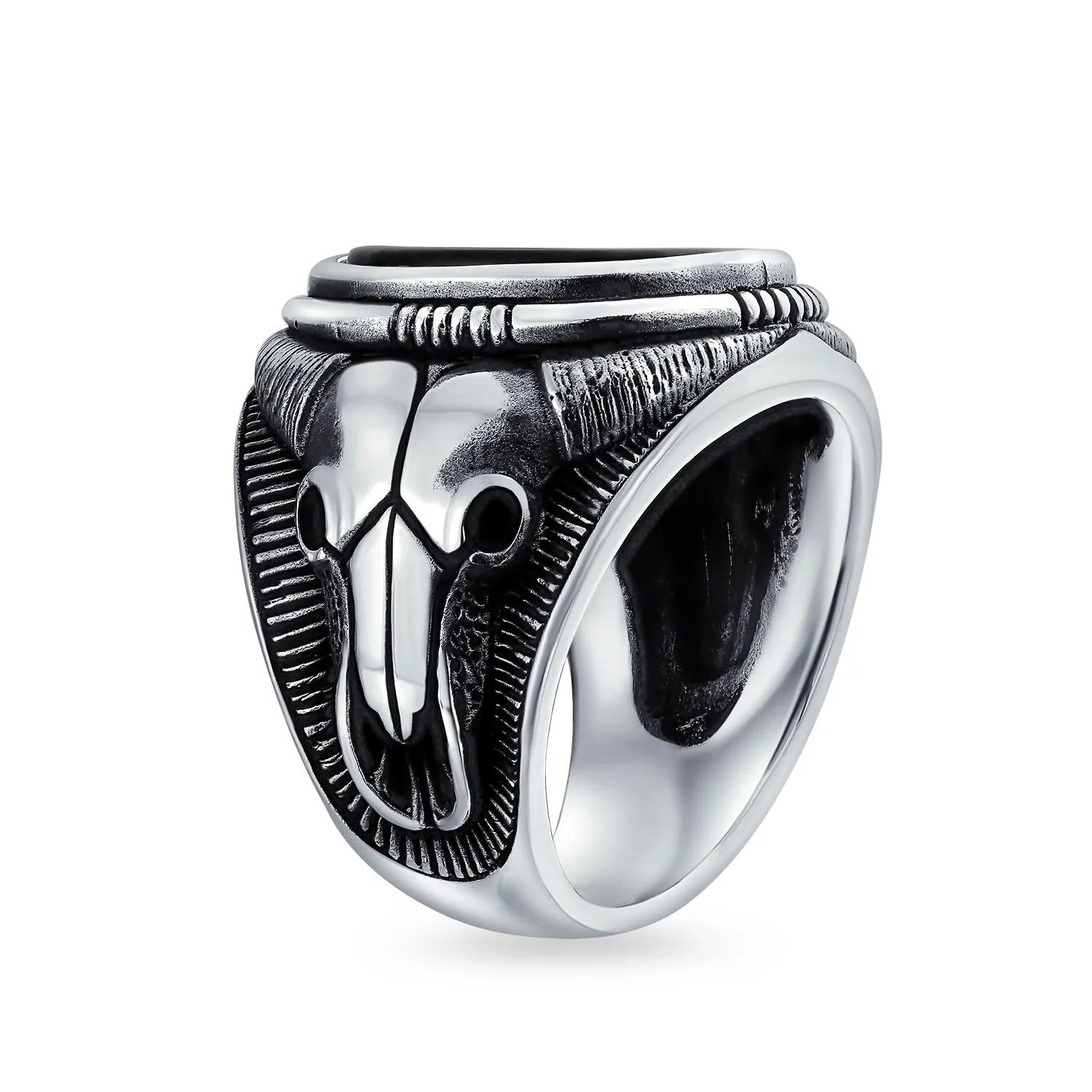 Mens Silver Ring Signet Black Onyx Gemstone with Longhorn Skull .925 Sterling Silver