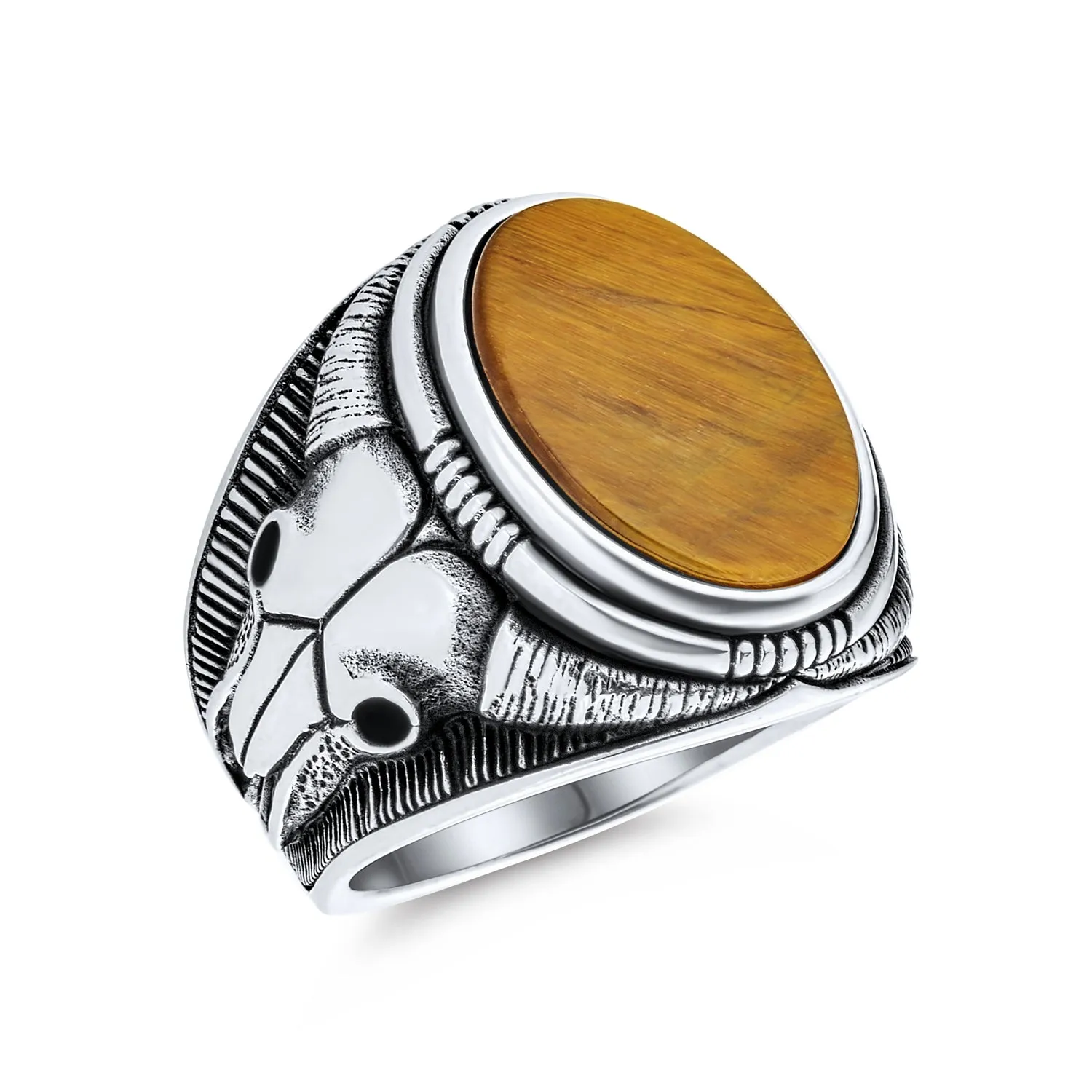 Mens Silver Ring Signet Black Onyx Gemstone with Longhorn Skull .925 Sterling Silver