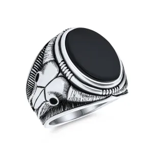 Mens Silver Ring Signet Black Onyx Gemstone with Longhorn Skull .925 Sterling Silver