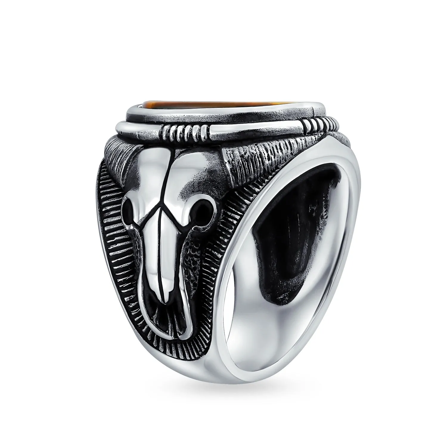 Mens Silver Ring Signet Black Onyx Gemstone with Longhorn Skull .925 Sterling Silver