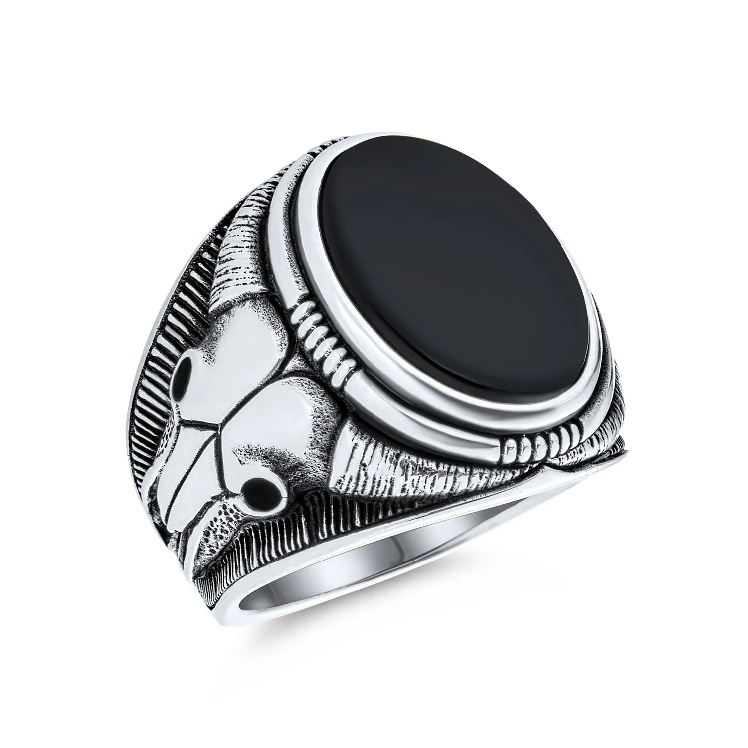 Mens Silver Ring Signet Black Onyx Gemstone with Longhorn Skull .925 Sterling Silver