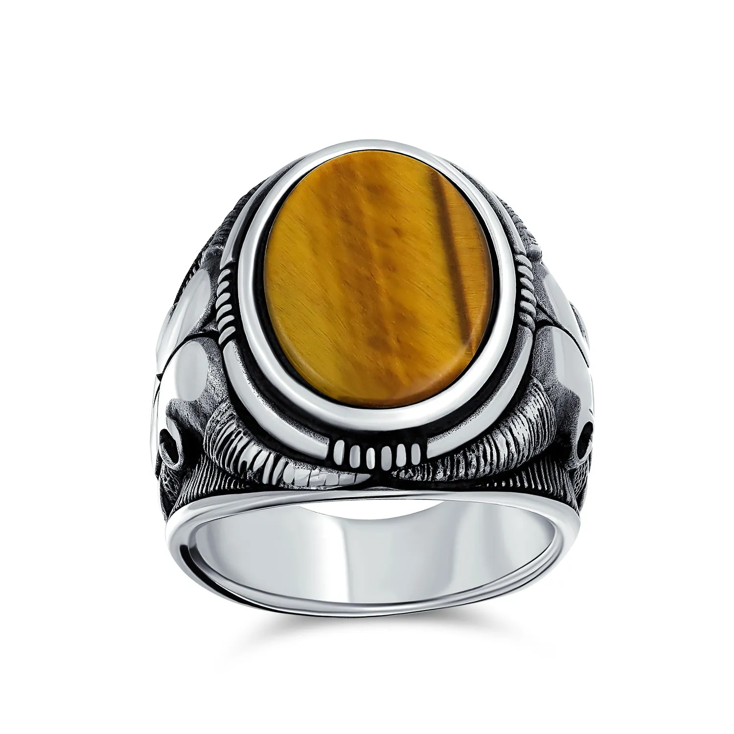 Mens Silver Ring Signet Black Onyx Gemstone with Longhorn Skull .925 Sterling Silver
