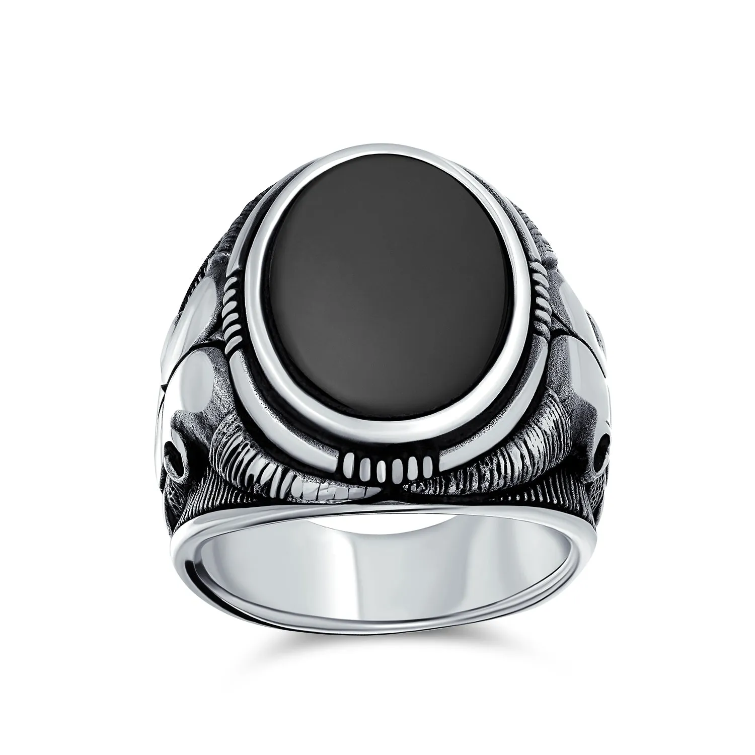 Mens Silver Ring Signet Black Onyx Gemstone with Longhorn Skull .925 Sterling Silver