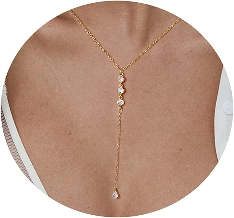 MIDEEO CZ Round Drop Y Necklace for Women 18K Gold Plated Dainty Cubic Zirconia Cut CZ Lariat Y-Shaped Necklace Delicate Cute Simple Jewelry Gift