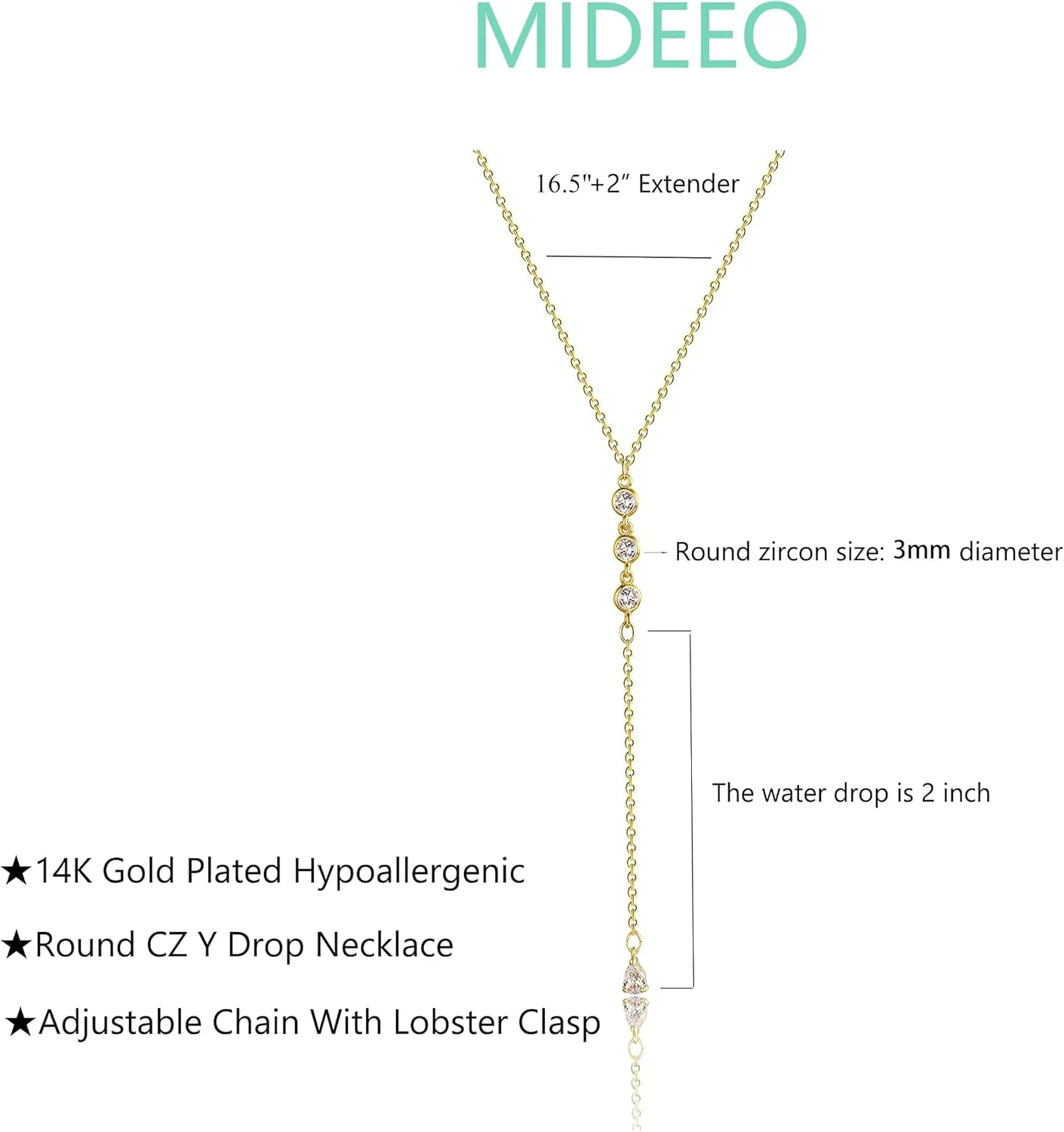 MIDEEO CZ Round Drop Y Necklace for Women 18K Gold Plated Dainty Cubic Zirconia Cut CZ Lariat Y-Shaped Necklace Delicate Cute Simple Jewelry Gift