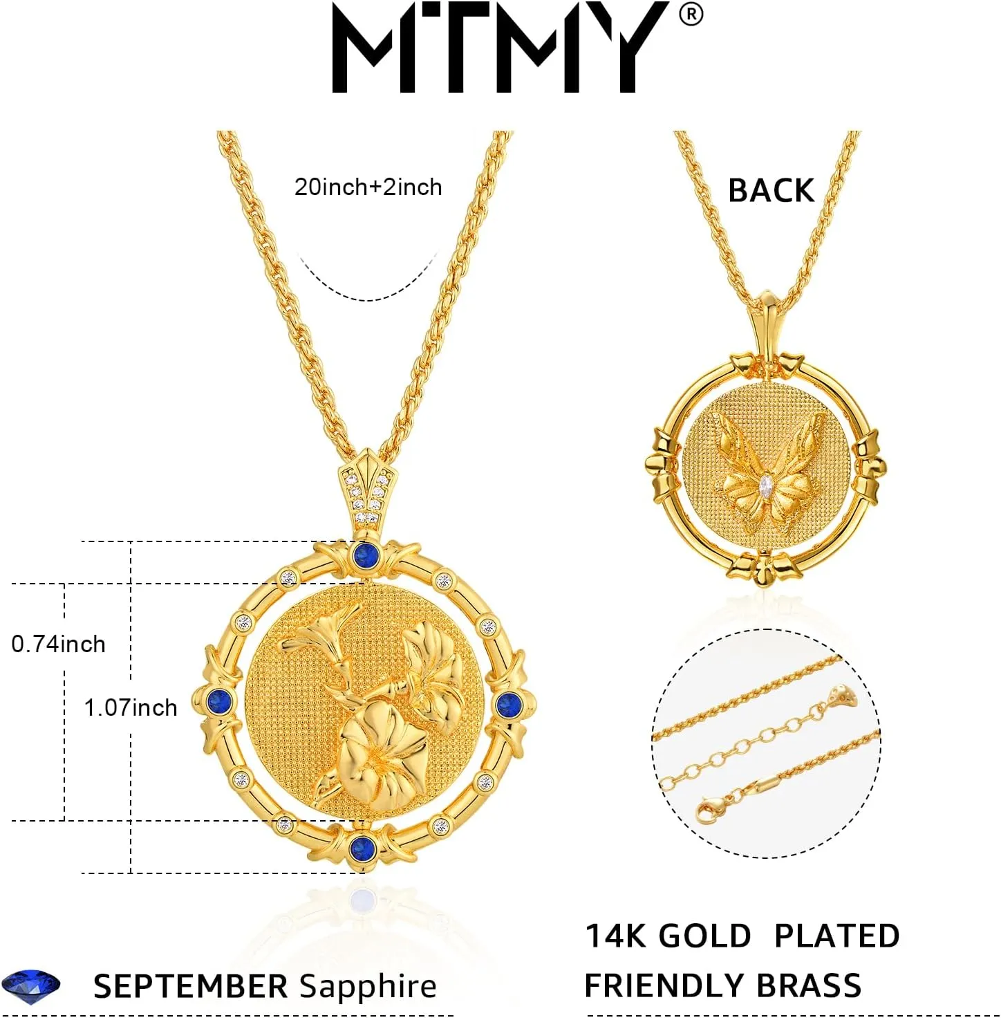 MTMY Birth Flower Necklaces for Women 14K Gold Plated Birth Flower with Birthstone Chunky Reversible Rotatable Disc Pendant Necklaces Jewelry