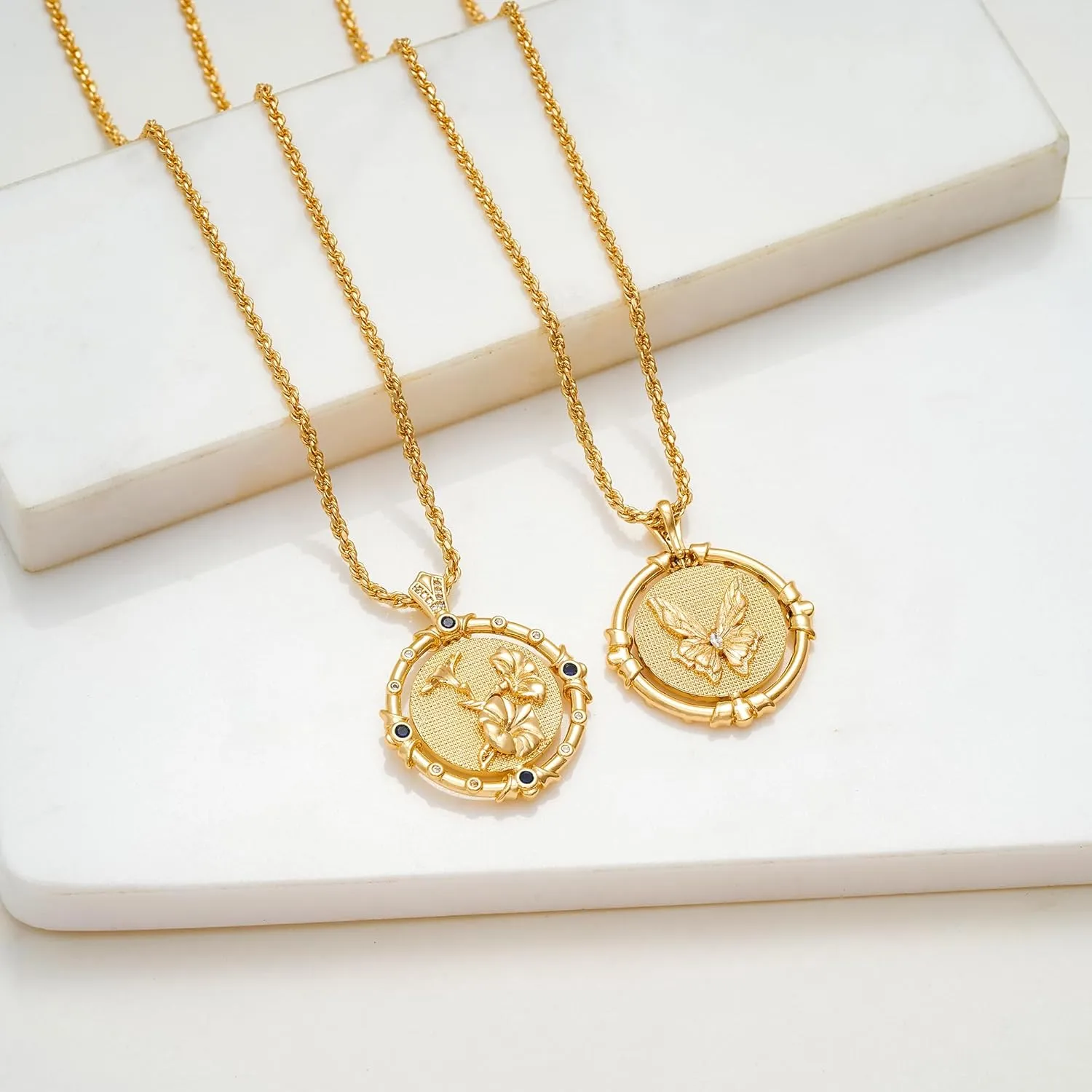 MTMY Birth Flower Necklaces for Women 14K Gold Plated Birth Flower with Birthstone Chunky Reversible Rotatable Disc Pendant Necklaces Jewelry