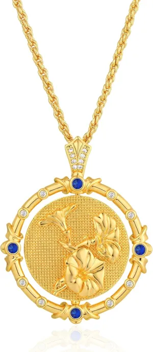 MTMY Birth Flower Necklaces for Women 14K Gold Plated Birth Flower with Birthstone Chunky Reversible Rotatable Disc Pendant Necklaces Jewelry