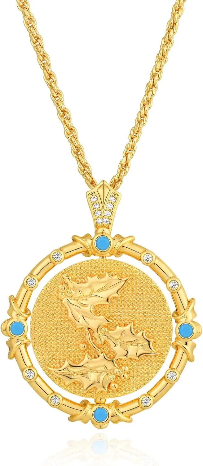 MTMY Birth Flower Necklaces for Women 14K Gold Plated Birth Flower with Birthstone Chunky Reversible Rotatable Disc Pendant Necklaces Jewelry