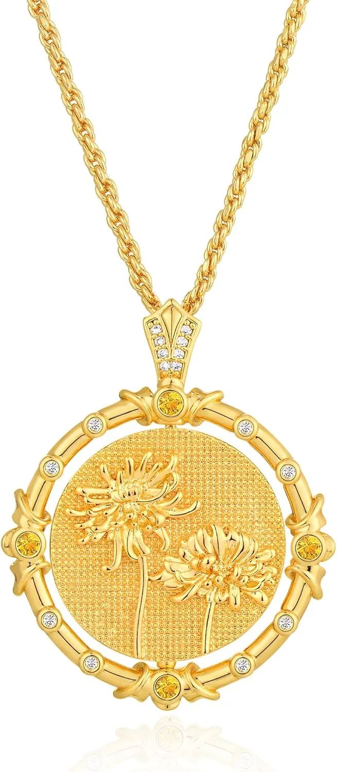 MTMY Birth Flower Necklaces for Women 14K Gold Plated Birth Flower with Birthstone Chunky Reversible Rotatable Disc Pendant Necklaces Jewelry