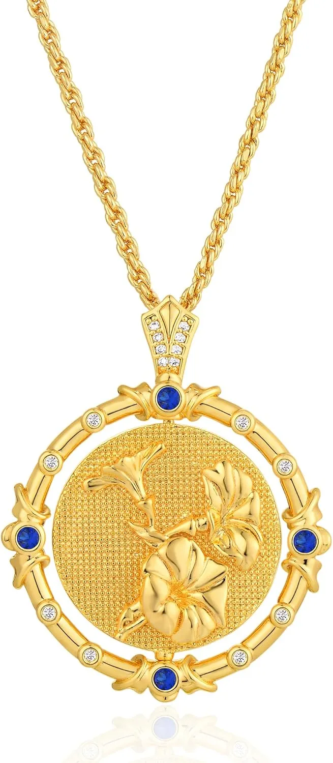 MTMY Birth Flower Necklaces for Women 14K Gold Plated Birth Flower with Birthstone Chunky Reversible Rotatable Disc Pendant Necklaces Jewelry